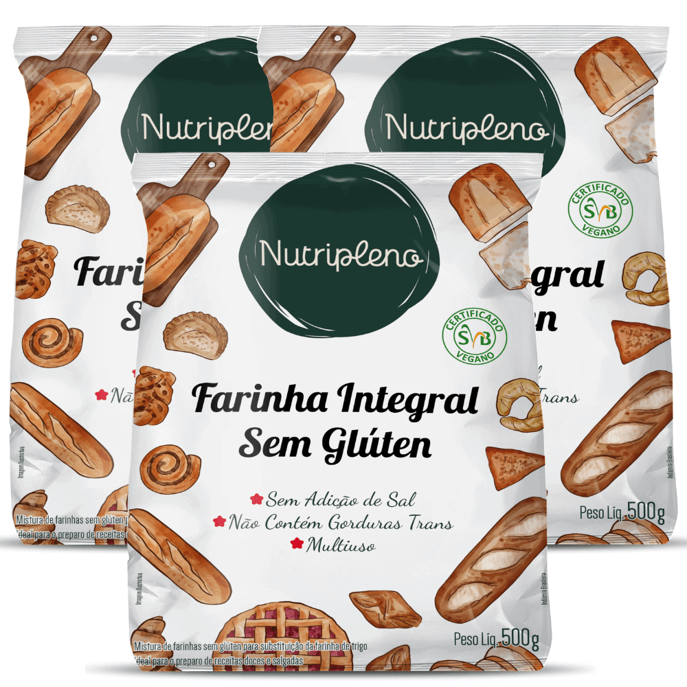 Pacotes de farinha integral sem glúten Nutripleno com ingredientes variados.