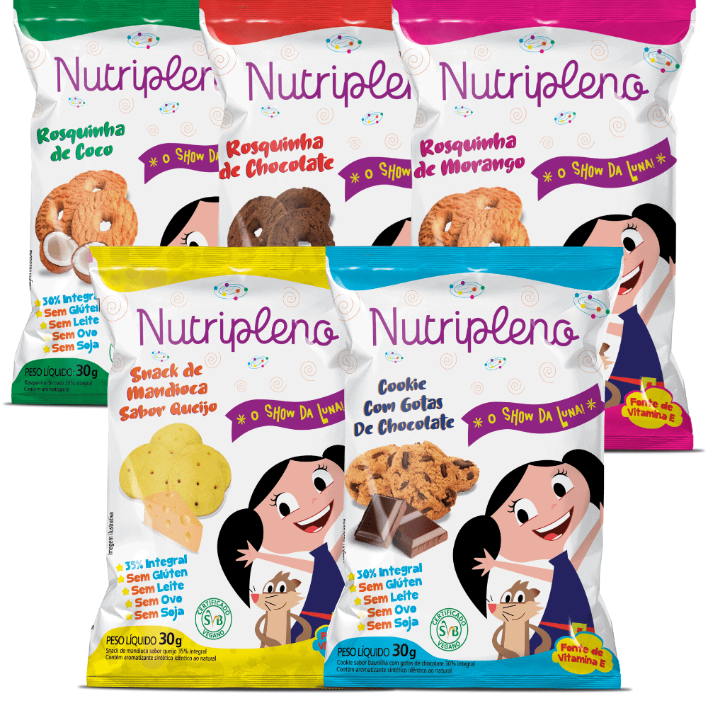 Pacotes de biscoitos Nutripleno sem glúten e sem leite com personagens divertidas.