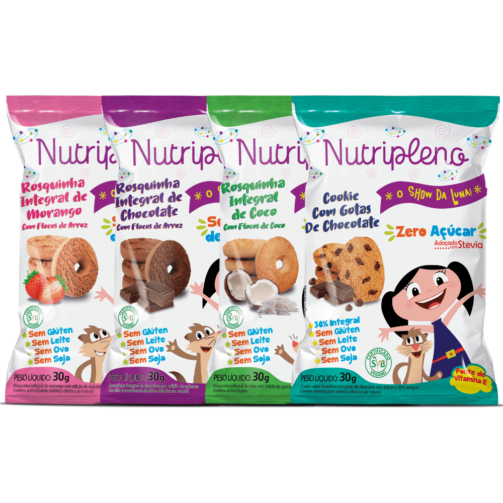 Pacotes de biscoitos zero açúcar com personagens do Show da Luna.