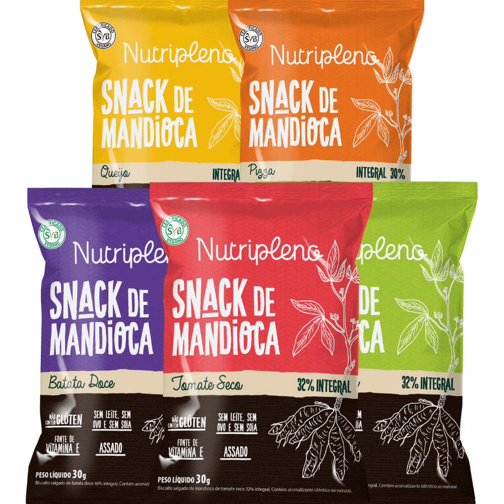 Snacks salgados sem glúten Nutripleno com ingredientes naturais.