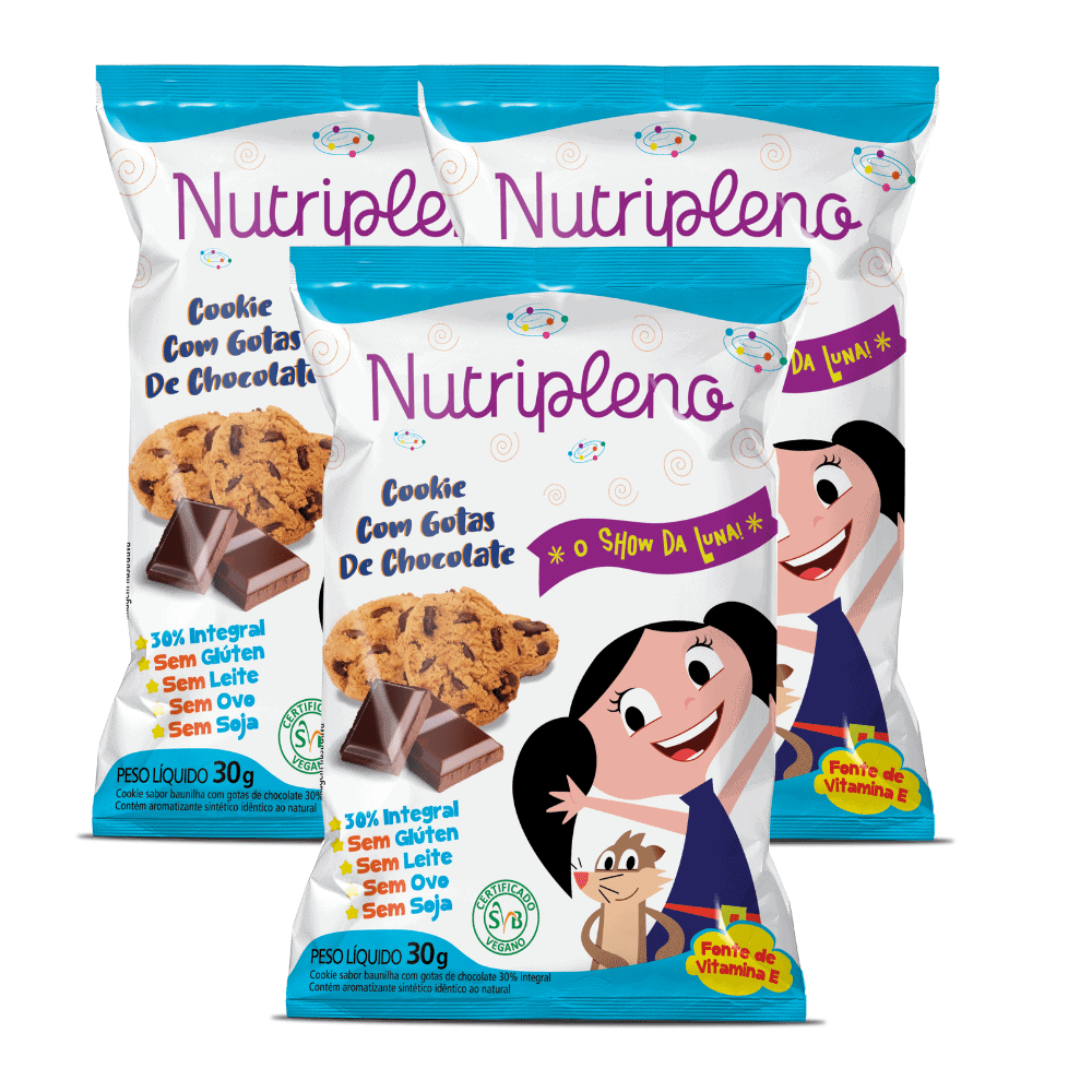 Cookies Nutripleno com gotas de chocolate, embalagem colorida e divertida para crianças.
